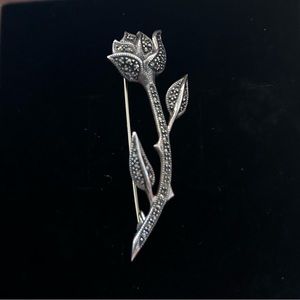 Vintage Sterling Silver Marcasites Rose Brooch